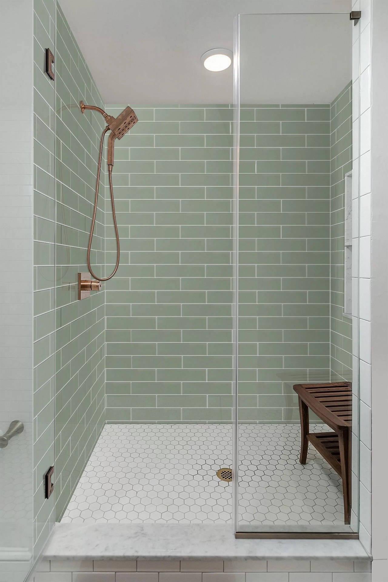 Sage subway tile shower with hex mosaic pan installed in Gainesville GA
