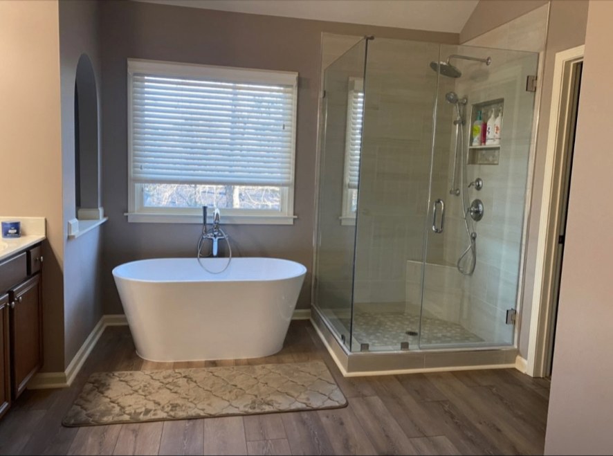 Master Bath Remodel — North Georgia — after the remodel, freestanding tub and frameless glass shower