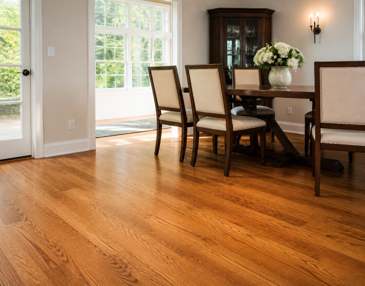 Site-finished oak hardwood flooring in a North Georgia dining room
